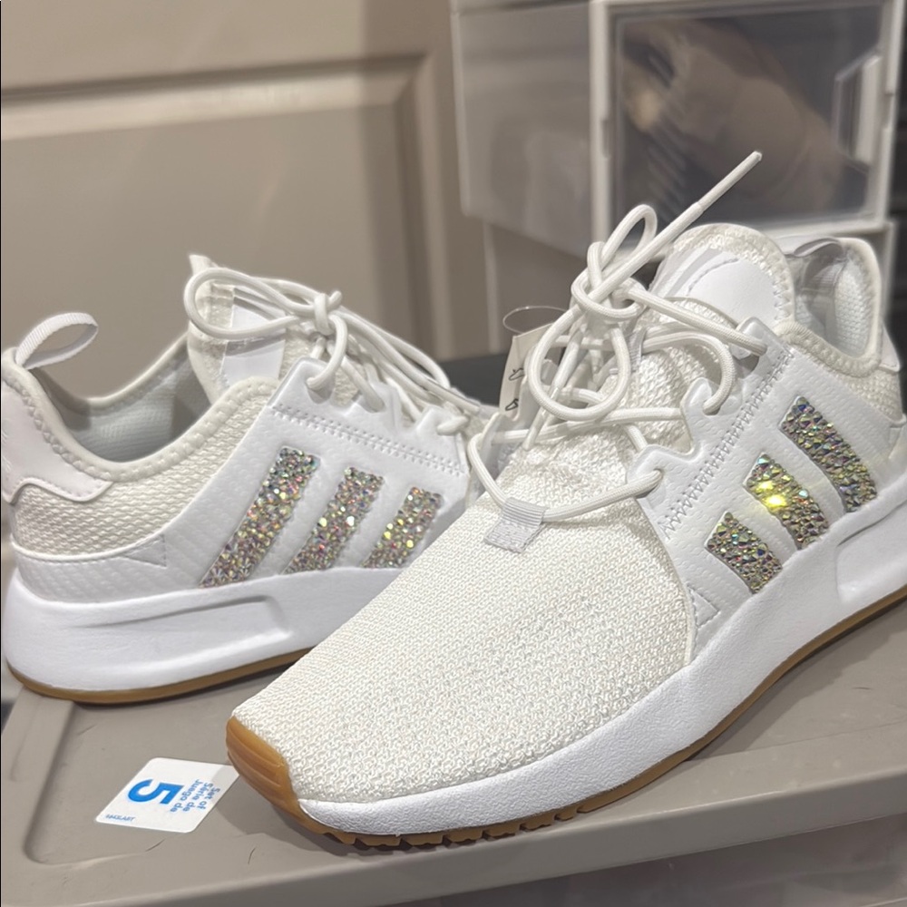 NEW Adidas White Custom Sneakers with Sparkling color shift  Stripes ✨